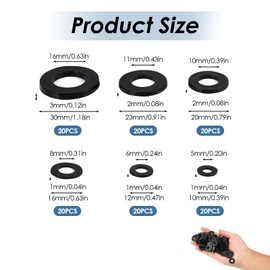 120pcs Heavy Duty Flat Rubber Washers Set - Multi-Size Black Rubber Grommets for Vibration Damping, Leak Prevention in Household Appliances, Faucets, Screws, and Bolts - 30/25/20/16/12/10mm Sizes Incl