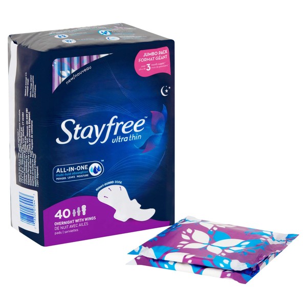 Stayfree Ultra Thin Overnight Pads with Wings, For Women, Reliable Protection and Absorbency of Feminine Moisture, Leaks and Periods, 40 Count