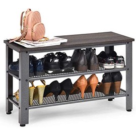 Nightcore 3-Tier Shoe Bench, Industrial Shoe Rack w/Seat, Adjustable Foot Pads, Mesh Layers, Vintage Finish, Iron Frame, Waterproof Shoe Storage Organizing Shelf for Entryway, Bathroom (Gray)