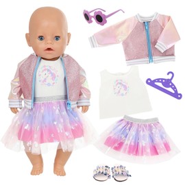 Puppenkleidung für 14-18 Zoll Baby Puppen, 6 Stück Rosa Pony Kleidung Outfits mit Cartoon-Oberteil Ombre-Tüllrock Paillettenjacke Sonnenbrille Kleiderbügel Hausschuhe, Baby Puppen 35-46 cm Kleidung