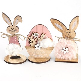 HERZWILD Easter Bunny Stand, Easter Bunny Decoration, Wooden Easter Decoration, Wooden Rabbit Decoration Stand for Easter, Easter Decoration, Garden, Easter Bunny Decoration Wood (B -3 Pieces)