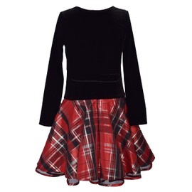 Bonnie Jean Holiday Velvet to Plaid Drop Waist Dress for Toddlers, Little Girls, and Big Girls Black