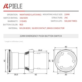 APIELE 22mm 2NC Red Mushroom Emergency Stop Push Button Switch 600V 10 Amp XB2-02ZS