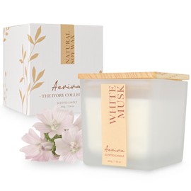 Aeviva Scented Candle, 7.04 oz White Musk Aromatherapy Candle, Natural Soy Wax with Wooden Wick, Candles for Home, 45 Hours Burn Time, Scented Jar Candle Gifts