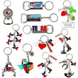 12 llaveros de metal Texas, 4 abrebotellas, estado de Texas, bandera, I Love Texas, matrícula, mapa, no te ensucies con Texas, Longhorn, Boot, Cactus, Texas Llavero Recuerdos, regalos, paquete, Multi,