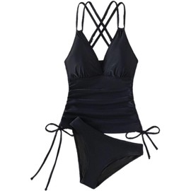 Women Tankini Tops V Neck Twist Swim Tops Ruched Tummy Control Bathing Suit Top (Black, S)