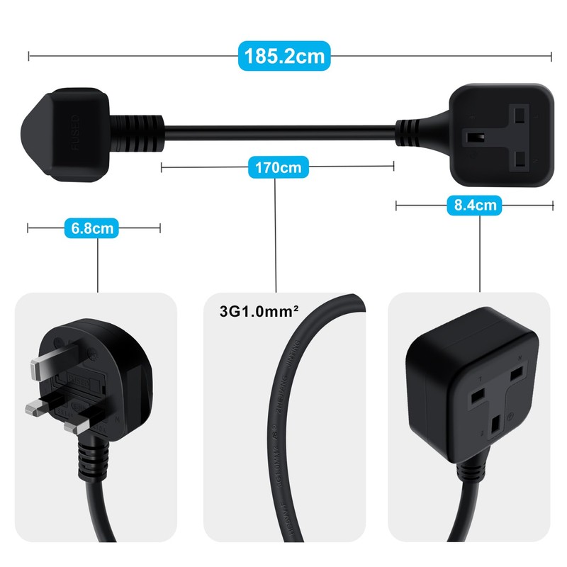 YINGAYOU Single Extension Lead Short Single Head Power Cord (Black,