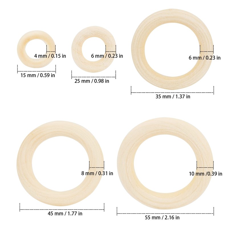 ZEONHAK 200 Pcs 5 Sizes Natural Wooden Rings, Unfinished Wood