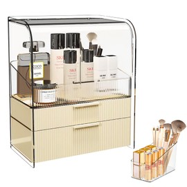 DASITON Cream Cover Dustproof Three layers Storage Box,Makeup Brush Holder,Large Capacity Desktop Storage Box with Drawer,for Beauty Products,Perfume,Jewelry,Nail Polish