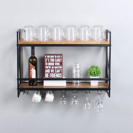 MBQQ Rustic Wall Mounted Wine Racks with 7 Stem Glass Holder,30in Industrial Metal Hanging Wine Rack,2-Tiers Wood Shelf Floating Shelves,Home Room Living Room Kitchen Decor Display Rack