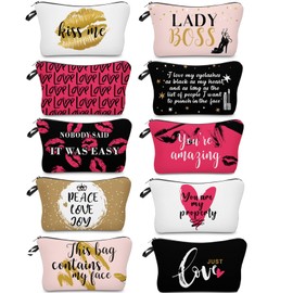 10 Bolsas de Maquillaje con Letras Bolsa Cosmética Organizador Cosmético con Cremallera de Viaje Bolso de Tocador Bolsa de Lápices de Impresión para Mujeres (Estilo Negro, Dorado y Rosa)