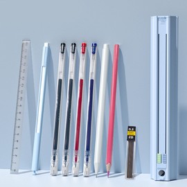 Hexagonal Pen Holder Multifunctional Students Stationery Case Set with Gel Pens Pencils Ruler Eraser Sky Blue
