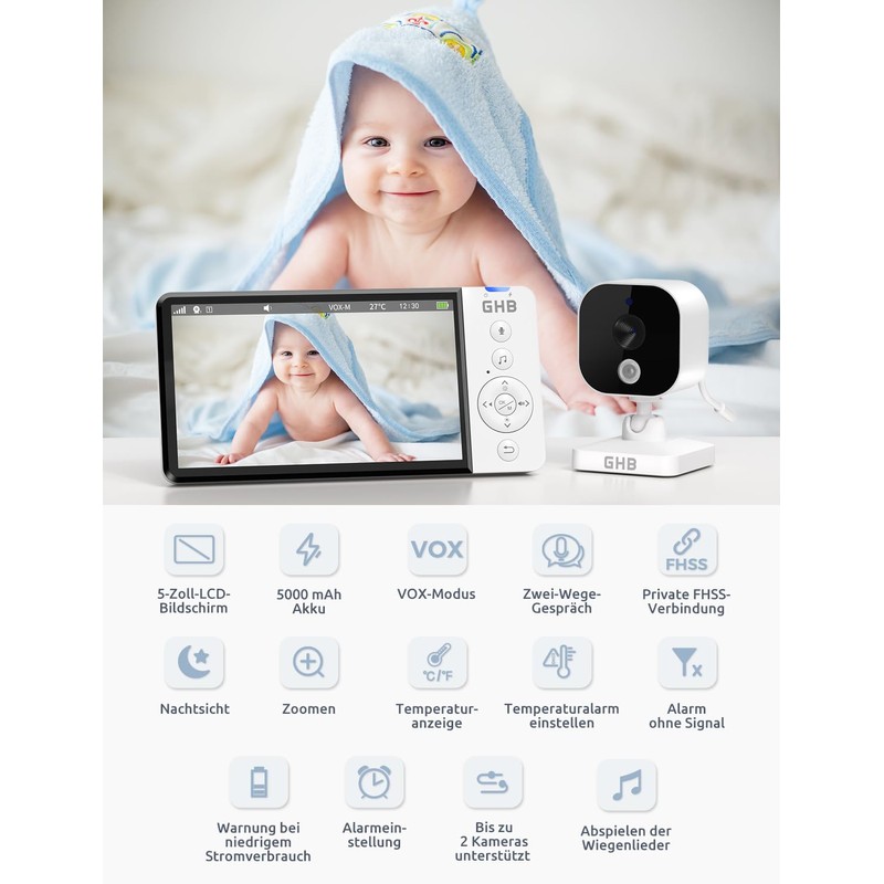 GHB Baby Monitor with Camera 5 Inch 720P HD 5000