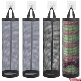 GOTDYBST 4pcs Carrier Bag Storage, Plastic Bag Holder With 4 Hooks, Mesh Hanging Dispenser Trash Bag, Shopping Bag Holder Storage Suitable For Home Kitchen (Black, Grey)