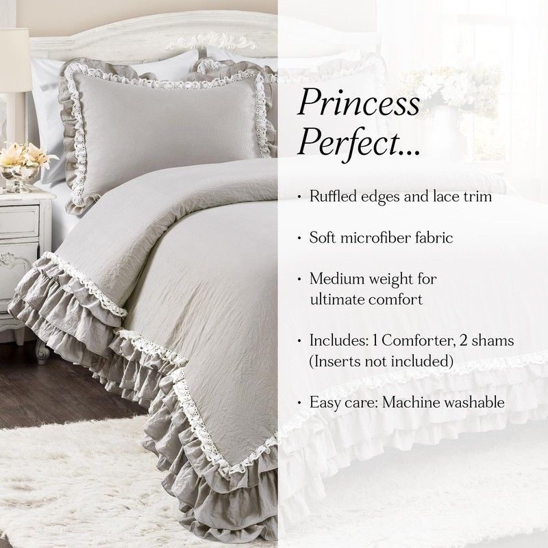 Lush Decor Ella Ruffle Lace Comforter, 3 Piece Set, Full/Queen,
