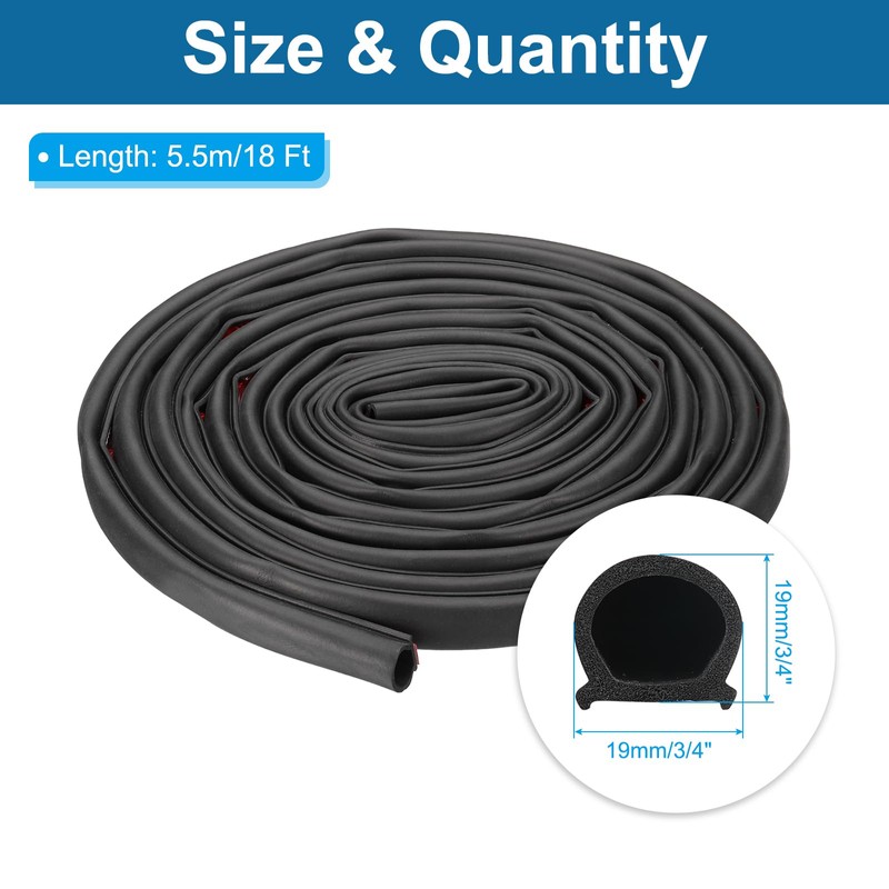 18 ft D Shape Rubber Seal Strip, 3/4" Self-Adhesive EPDM