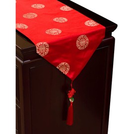 China Furniture Online 95 Inch Red Silk Chinese Longevity Table Runner with Lucky Tassels