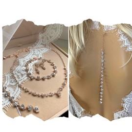 ONDEGO® XXL SET Rosegold Rückenkette Brautschmuck Schmuckset Strass glitzer Hochzeit Kommunion Abiball Jugendweihe