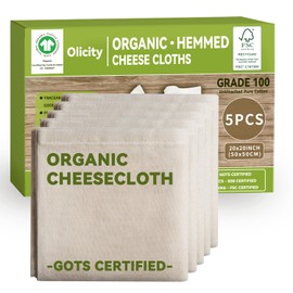 Organic Cheese Cloths, GOTS Certified, 5PCS, Grade 100, 20x20Inch Hemmed Cheese Cloth Fabric Reusable Fine Mesh Cloth, 100% Cotton Unbleached Muslin Cheesecloth for Straining, Cooking, Butter,Tofu,Tea
