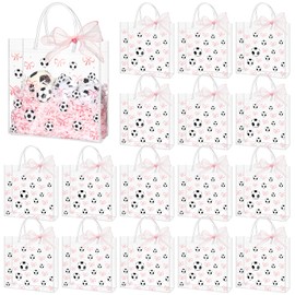 Sweetude 24 Pcs Soccer Party Clear PVC Gift Bag Bulk with Handles Coquette Pink Bow Ribbon Tote Bag 7.9 x 7.9 Inch Sport Soccer Theme Favor Bags Supplies Bulk for Birthday Team Snack