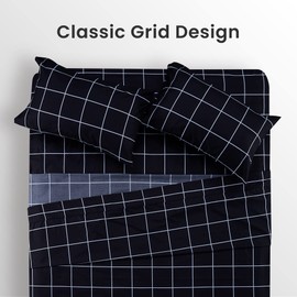 SLEEP ZONE Printed Plaid Queen Size Sheet Set 4 Piece - Double Brushed Microfiber Super Soft Breathable Bedding Sheets with 16 inch Deep Pocket (White Grid Printed on Black)