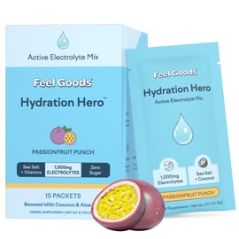 Feel Goods Hydration Hero, 1,000mg Electrolytes Powder, Sugar Free, Magnesium, Organic Aloe Vera, L Theanine, Vitamin C & B12, Keto, Vegan, Electrolyte Packets, Passion Fruit Punch, 15 Count