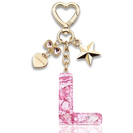 TTYY Glitter Initial Letter Keychain Gift for Women Girl, Cute Pink Keychains with Heart and Star Charm Keyring for Handbag Backpack