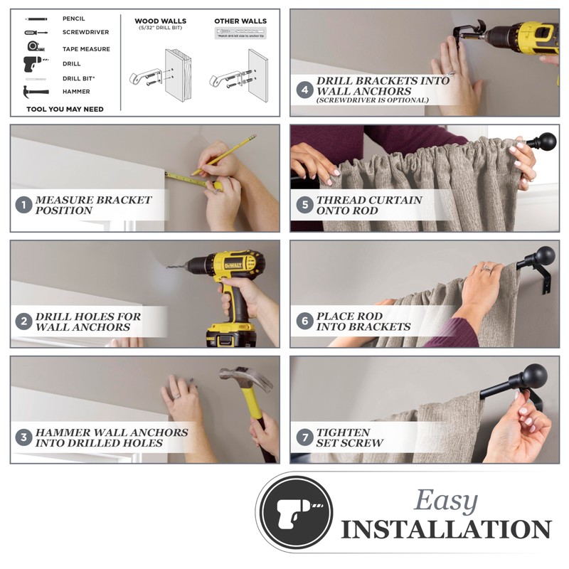 Kenney Rachel Fluted Ball Window Curtain Rod, Adjustable 28-48 Inch,
