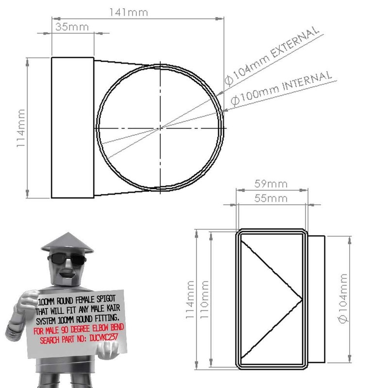 Kair Elbow Bend Adaptor 110mm x 54mm to 100mm -