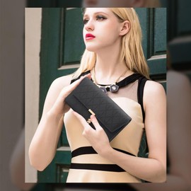 QKIIINQ Cartera de mujer de cuero compacta con bloqueo rfid, Billetera de piel mujer con cremallera, Gran capacidad con hoja adorno colgante, para dinero en efectivo, monedas, foto (Negro, Largo)