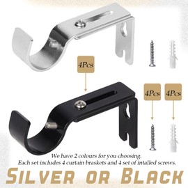 Bmeigo 4PCS Curtain Pole Brackets with Screws Set, Metal Curtain Rod Holder Adjustable Anti-Rust Heavy Duty for Curtain Pole, Wall Rod Hanging Brackets (Fits Up to 25mm Poles, Black)