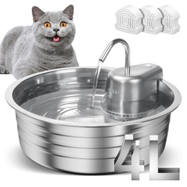 Cat Water Fountain, 4L/135OZ Stainless Steel Pet Fountain with 3 Filters Dog Water Dispenser, Dog Water Bowl Cat Drinking Fountains Watering Supplies with Ultra-Quiet Pump for Pets Indoor