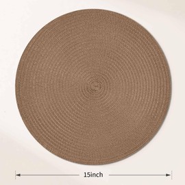 FunWheat Round Braided Placemats Set of 6 Place mats for Dining Tables Woven Heat Resistant Table Mats 15 inch (Brown,6pcs)