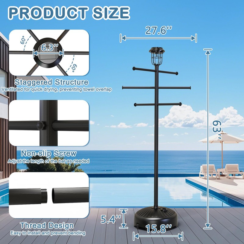 Solar Light Pool Towel Rack with Wheels – 63" Tall