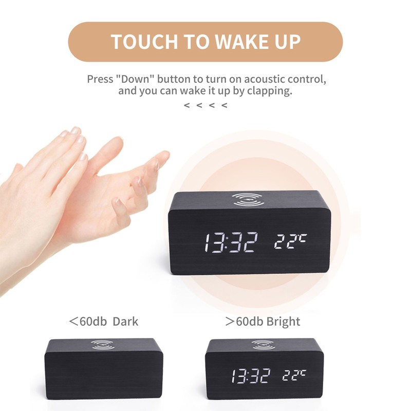 Digital Wooden Alarm Clock Electronic LED Time Display for Bedroom
