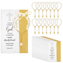 WanZEXine 30 Sets Baptism Favors - Gold Mini Rosary with Cross Psalm Cards and Ribbon, Bulk Rosaries Beads for Christening Weddings First Communion Party Favors