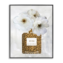 Stupell Industries Leopard Print Perfume Bottle Glam White Spring Florals, Design by Carol Robinson Black Framed Wall Art, 11x14