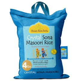 Asian Kitchen Crystal Sona Masoori Aged Rice 4-Pound Bag, 4lbs (1.81kg) Short Grain Rice ~ All Natural | Gluten Friendly | Vegan | Kosher | Indian Origin | Export Quality