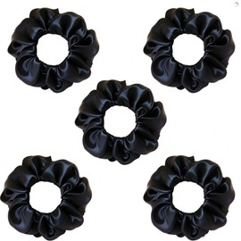Black Satin Scrunchies for Women Silk Scrunchies for Hair Sleep Hair Ties No Damage Suitable for Multiple Occasions, 5 Pcs（Medium)