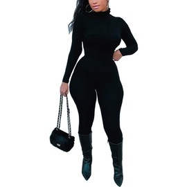 Azhong Women's Sexy Long Sleeve Turtleneck Jumpsuits Bodycon Back Zipper High Waist One Piece Casual Club Rompers