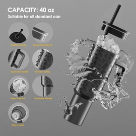 HBALNG 40 oz Insulated Stainless Steel Tumbler with Handle and Straw Lid Portable Travel Mug cup for Iced and Cold Beverages (black leopard print)