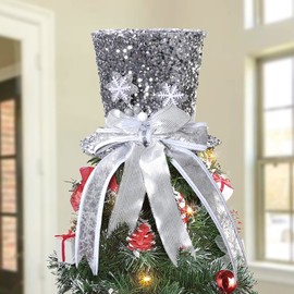 PIKRONSH Christmas Tree Topper, Silver Shiny Sequins Top Hat Christmas Tree Top Decoration (Silver)