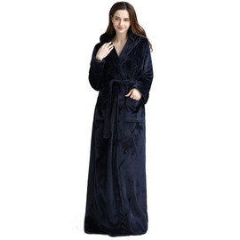 iCREAT Womens Long Hooded Bathrobe Fleece Full Length Bathrobe with Hood Winter Sleepwear, Navy-XL