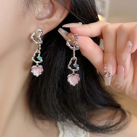 Inilbran Boho Love Heart Long Earrings Pink Love Heart Earrings Love Heart Long Dangle Earrings Silver Interlocking Heart Drop Earrings For Women, Zinc, No Gemstone