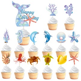 VARACL 29 Pieces Ocean Animals Dolphins Shell Octopus Cupcake Toppers Food Picks for Boys Kids Baby Shower Under the Sea Birthday Party Decorations