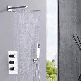 SaniteModar Thermostatic shower systems 12 inch, polished chrome Square Rainfall Shower Head with Handheld Shower Vaval and Trim Kit Wall Mounted Shower Faucet Set, Matte Black Shower Head