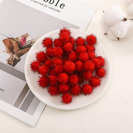 100 bolas pequeñas brillantes, pompones de oropel pompones con purpurina para manualidades, manualidades, Navidad (rojo)