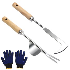 MriiVox Pack of 2 Stainless Steel Weeders, Manual Weeder, Root Weeder with Wooden Handle, Garden Weeder with Handle, Garden Tool Set for Digging, Weeding, Transplanting, Uprooting, Loosening