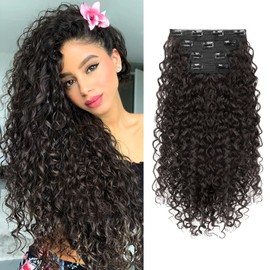 Clip in Hair Extensions, FLUFYMOOZ 4PC 100％ Pure Protein Silk Hair Extensions Long Soft Natural Hairpiece 20 Inch Curly Hair Extension for Women (Dark Chocolate Brown)