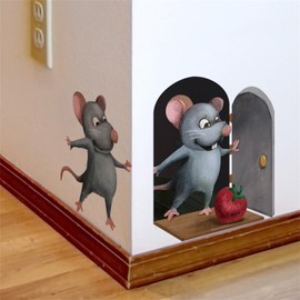 WOHAHA Wall Sticker, Black Cat, Mouse Hole, Strawberry, Wall Sticker, Stylish, Cute, Animal, Cat, Rat, Funny Sticker, 3D Dimensional, Removable Wallpaper, Waterproof, Wall Sticker, Room Wall